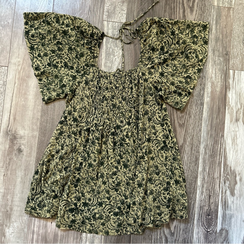 Free People Green Tunic Mini Dress Womens Floral Boho Flowy Cotton Size XS